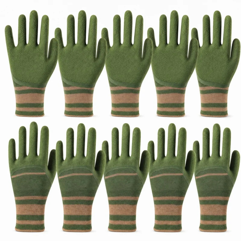 A set of olive green gardening gloves with brown stripes shown from the palm view.