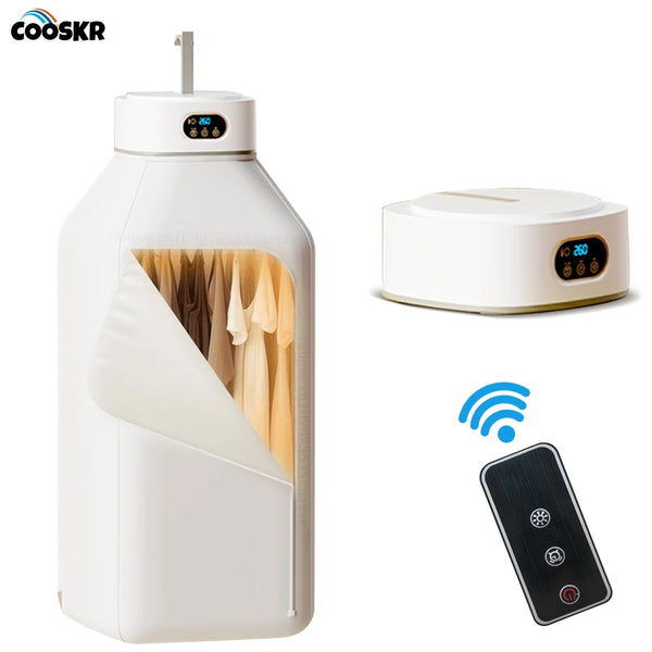 A white intelligent portable electric clothes dryer unit with a control panel and a separate remote.