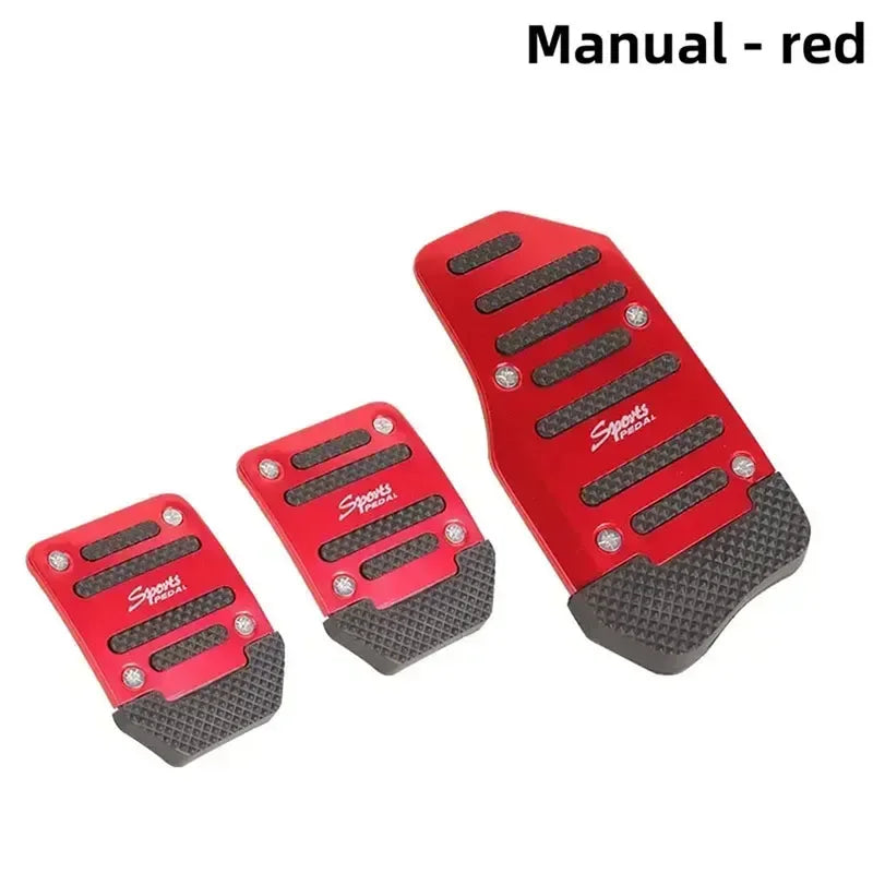 Red anti-skid aluminum pedal covers for manual cars shown in various views