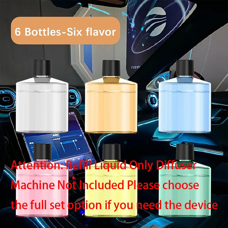Six bottles of liquid aroma oil displayed on a dark surface with an electronic device in the background.