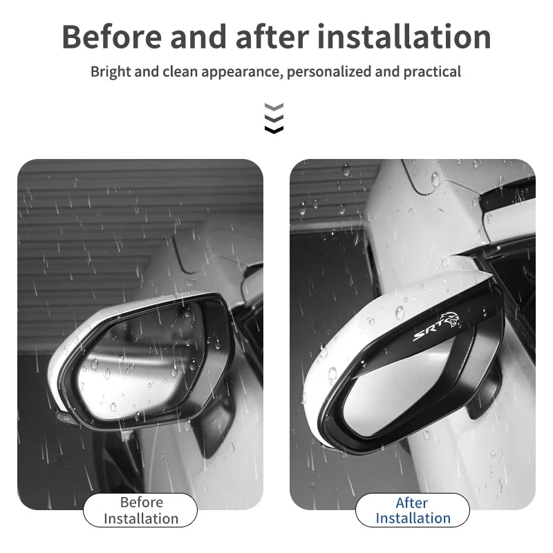 Before and after installation of carbon fiber car side mirror rain guards showing improved visibility.