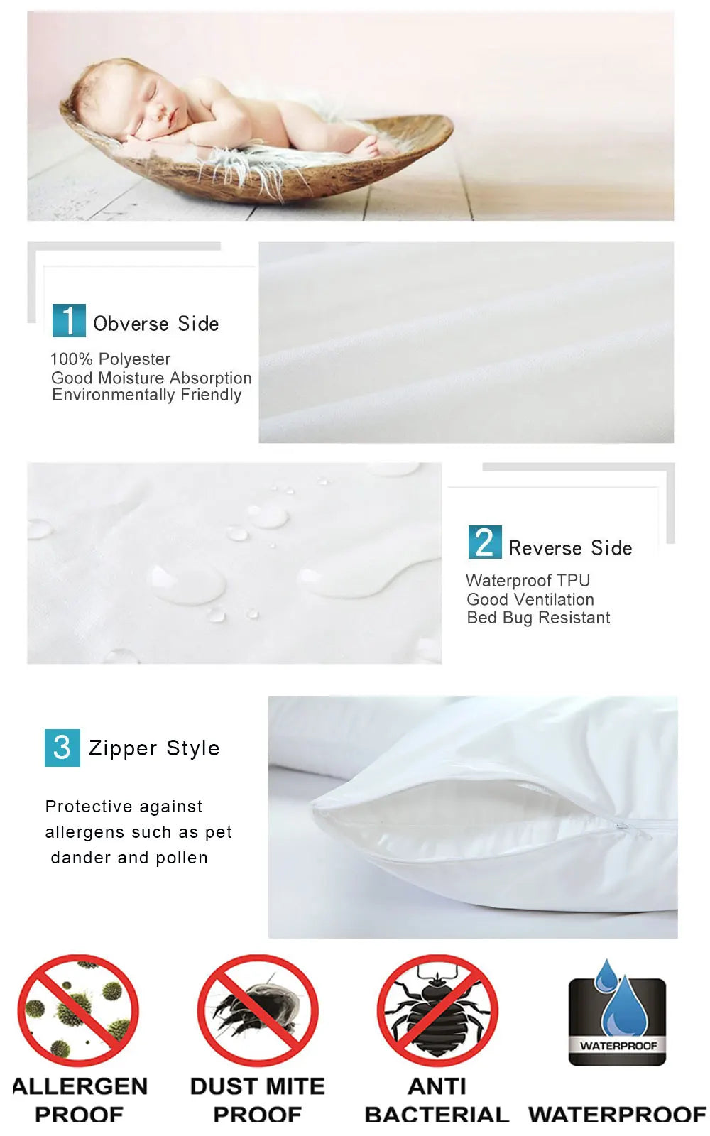 White waterproof zippered pillow protectors designed for allergy and bedbug protection.