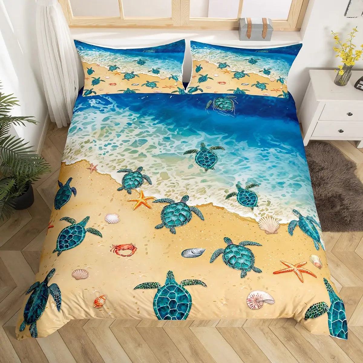 A sea turtle themed duvet cover set featuring various sea turtle designs and ocean colors.