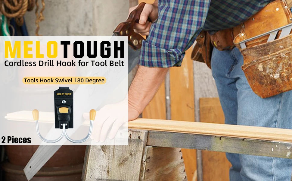 A close-up of a Melotough cordless drill hook for a tool belt, showing two pieces of the hook and a person using it.