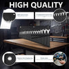 A black 16-pocket wrench organizer with stainless steel hanging rings and sturdy straps displayed on a wooden table.