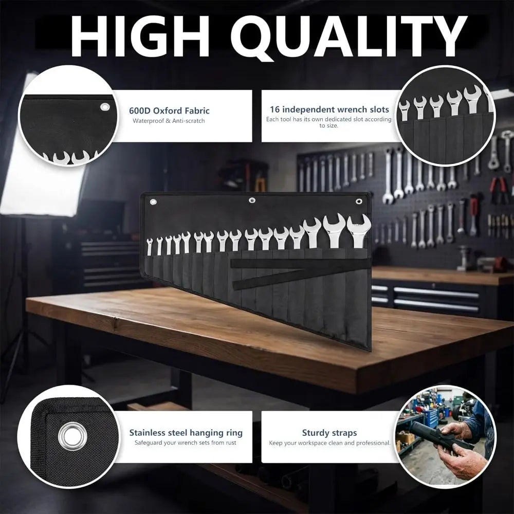 A black 16-pocket wrench organizer with stainless steel hanging rings and sturdy straps displayed on a wooden table.