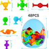 A collection of 48 silicone suction bath toys for toddlers in various colors and shapes.