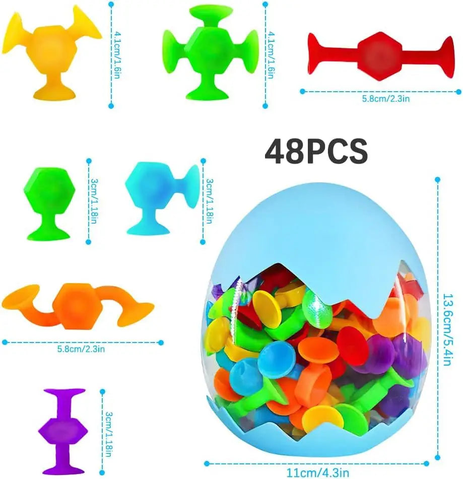 A collection of 48 silicone suction bath toys for toddlers in various colors and shapes.