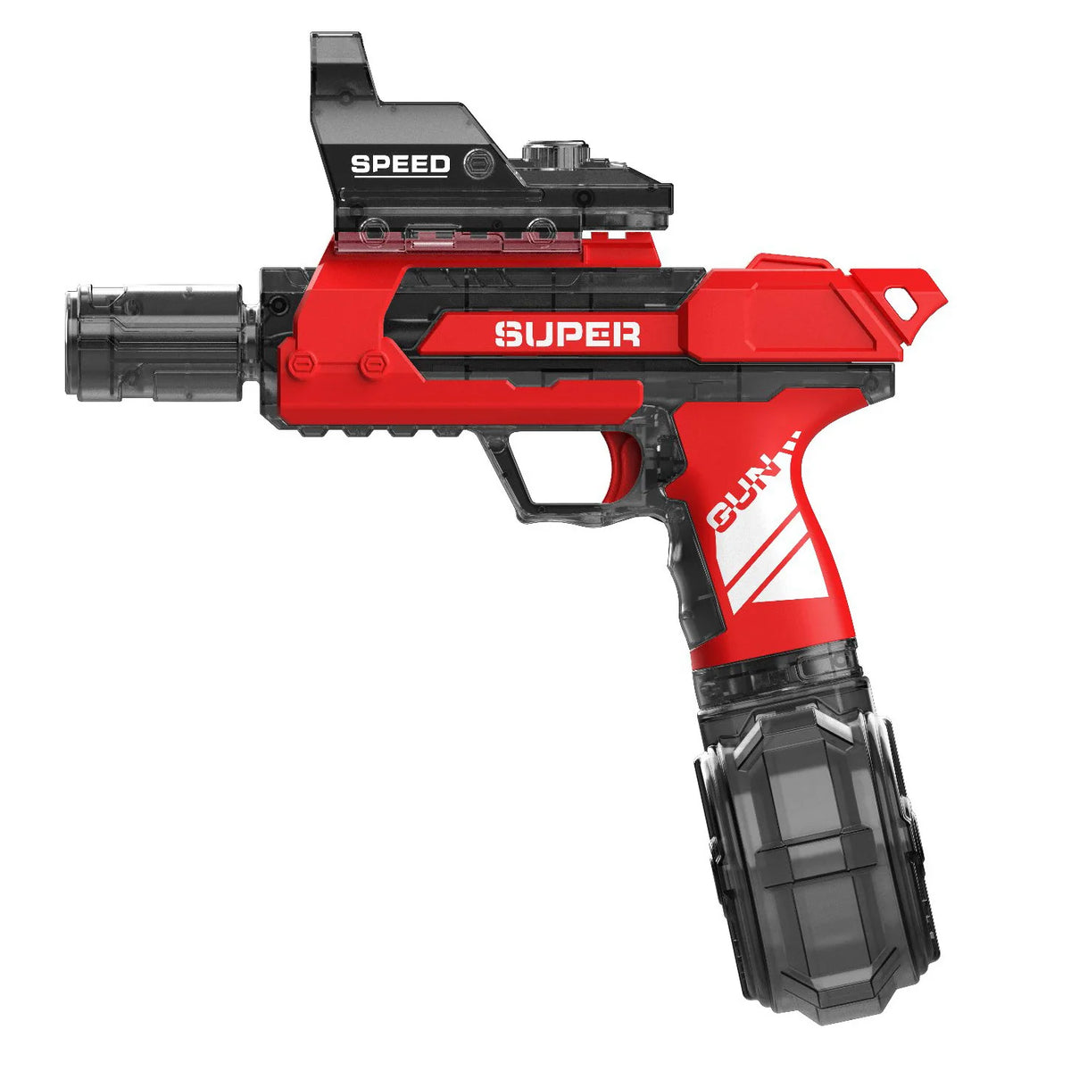 Red and black electric water blaster with a realistic muzzle flame effect.