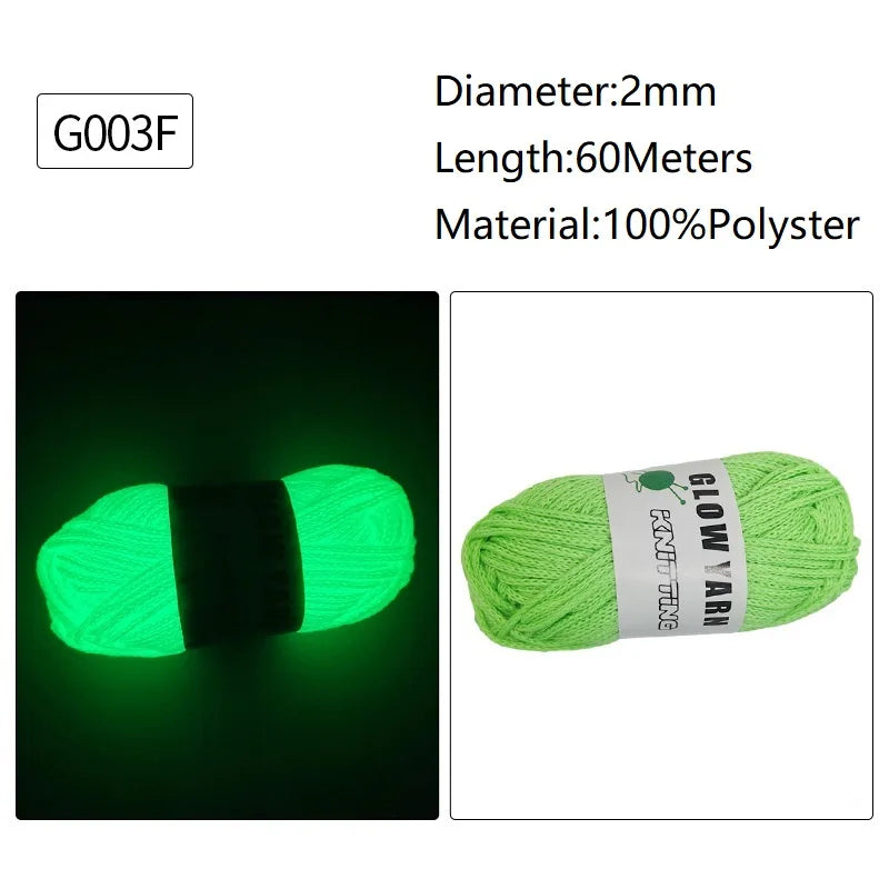Green glow-in-the-dark polyester yarn with a black core, labeled G003F.