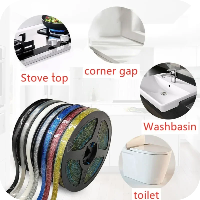 A set of waterproof self-adhesive tile gap tape strips shown in various colors and textures, with examples of its use on a st