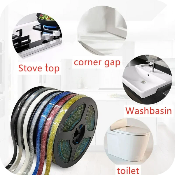 A set of waterproof self-adhesive tile gap tape strips shown in various colors and textures, with examples of its use on a st