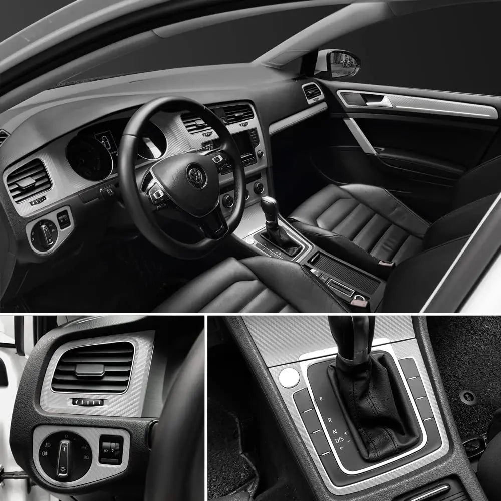 Interior view of a car showing the dashboard, steering wheel, and door panel details.