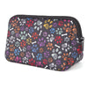A dark purple cosmetic bag with a colorful paw print pattern and a black zipper.