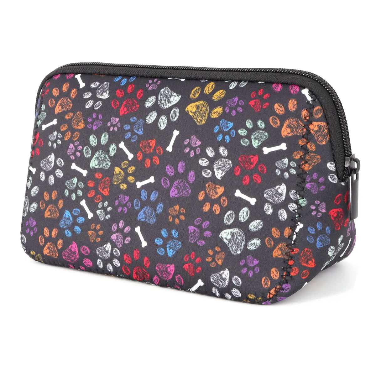 A dark purple cosmetic bag with a colorful paw print pattern and a black zipper.