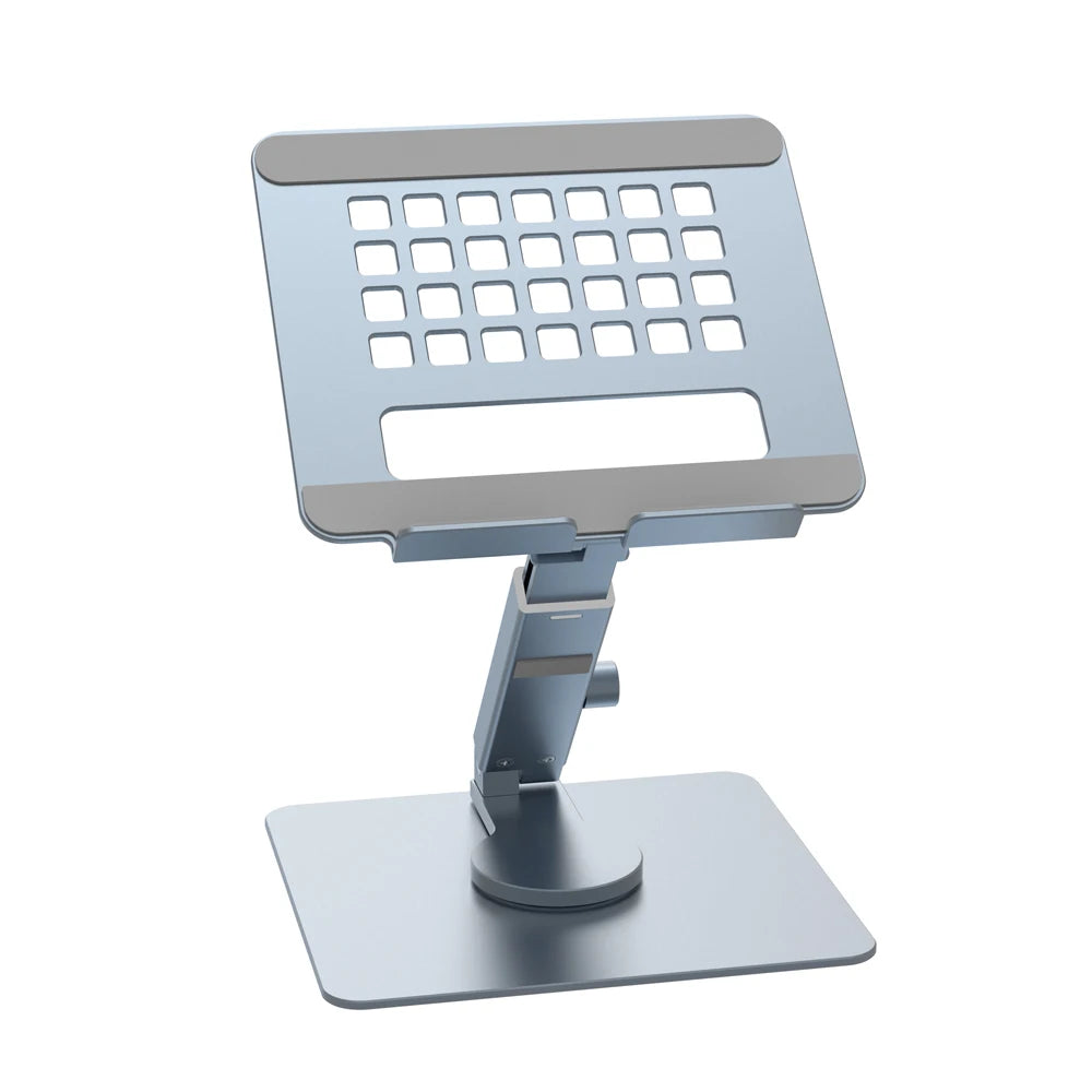 A silver adjustable aluminum tablet stand with a grid of slots for holding a device.