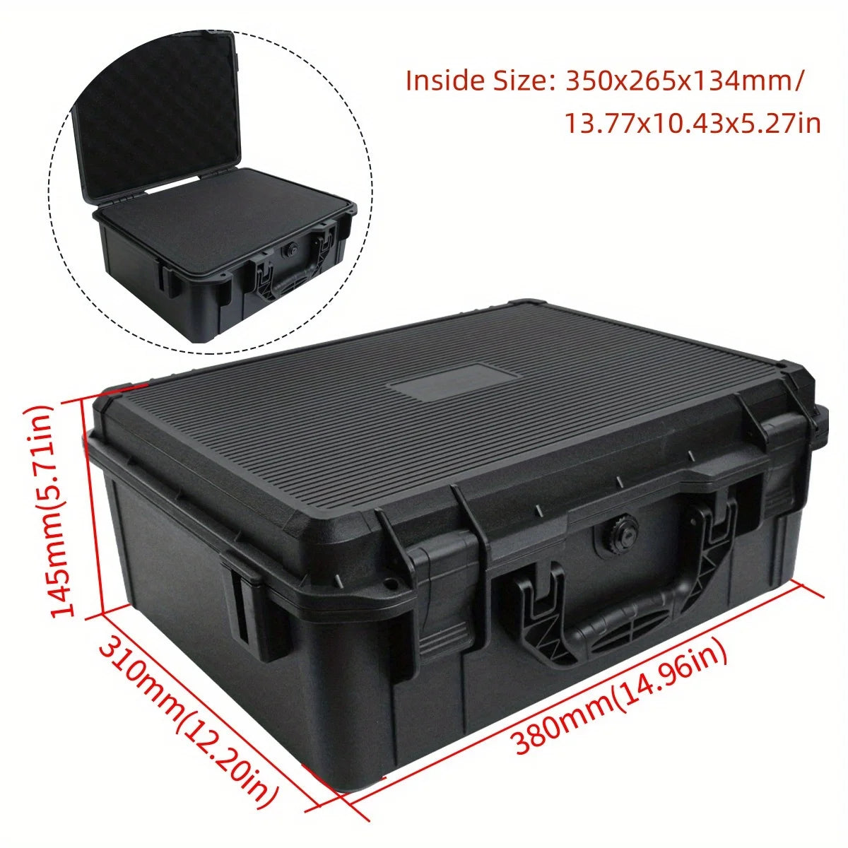 Black hard shell protective storage case for tools and instruments shown with dimensions.