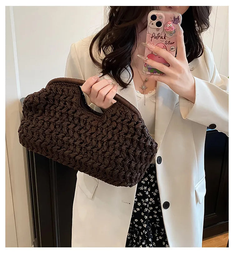 Handwoven Straw Tote Bag with Zipper