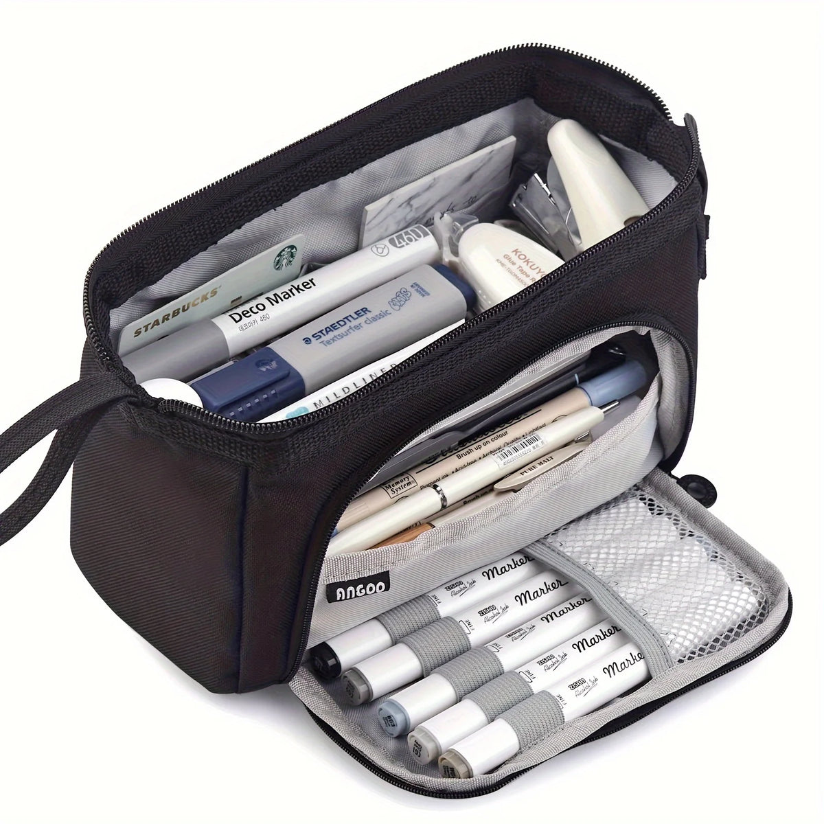 A black double-deck canvas pencil case filled with various writing tools and stationery.
