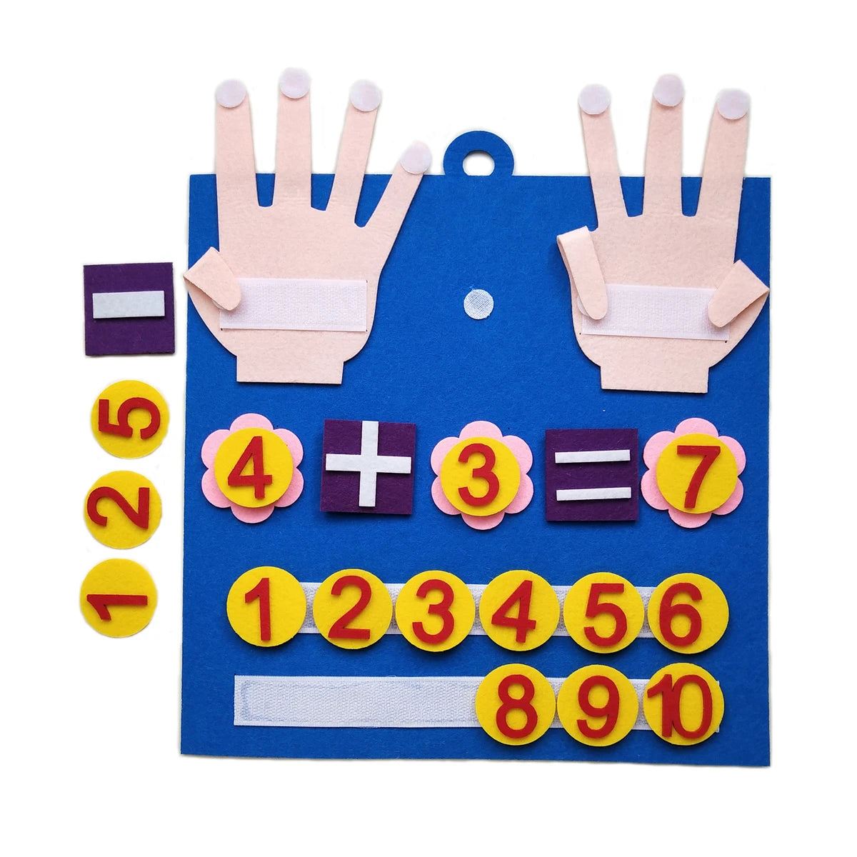 A blue felt counting board with fingers, numbers, and a counting strip for toddlers.