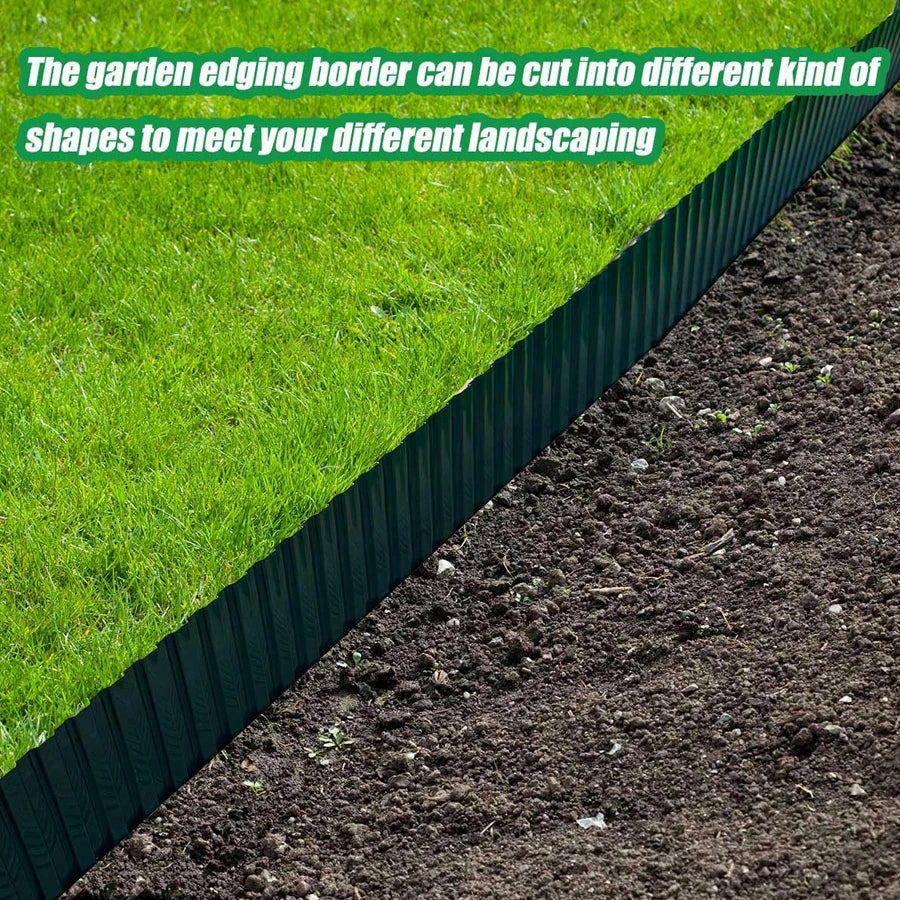 A dark green plastic garden edging board is installed along a lawn, showing how it can be cut into different shapes for lands