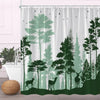A fabric shower curtain featuring a vertical forest silhouette design in shades of green and white.