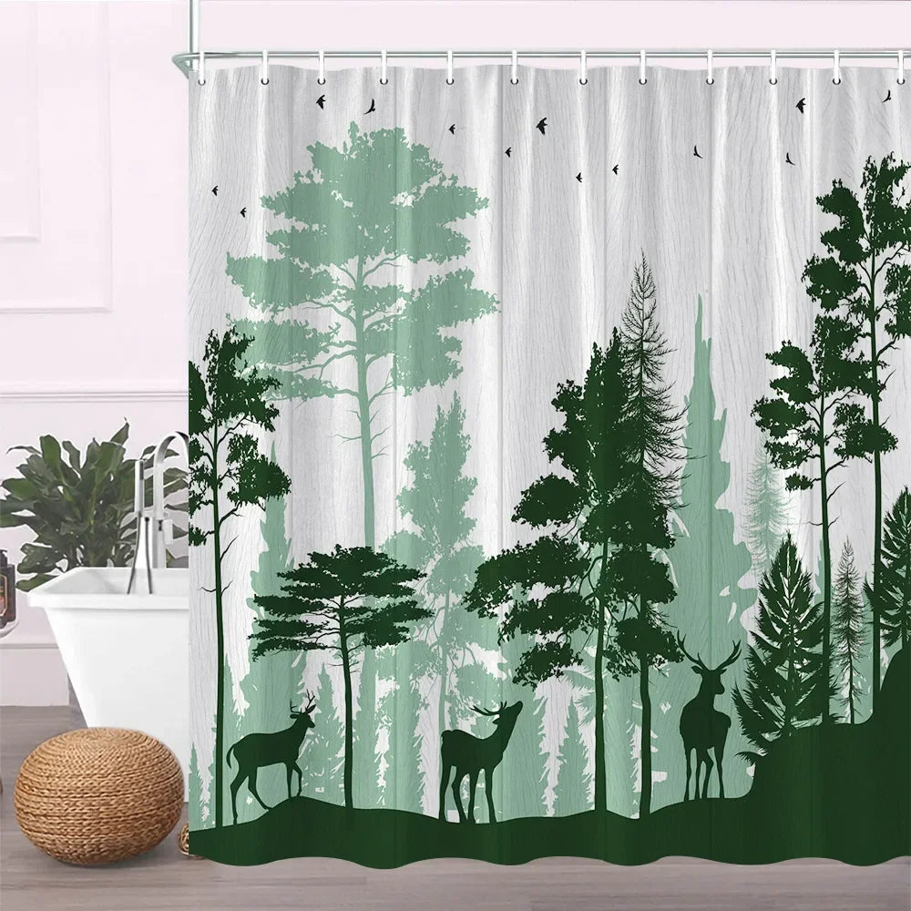 A fabric shower curtain featuring a vertical forest silhouette design in shades of green and white.