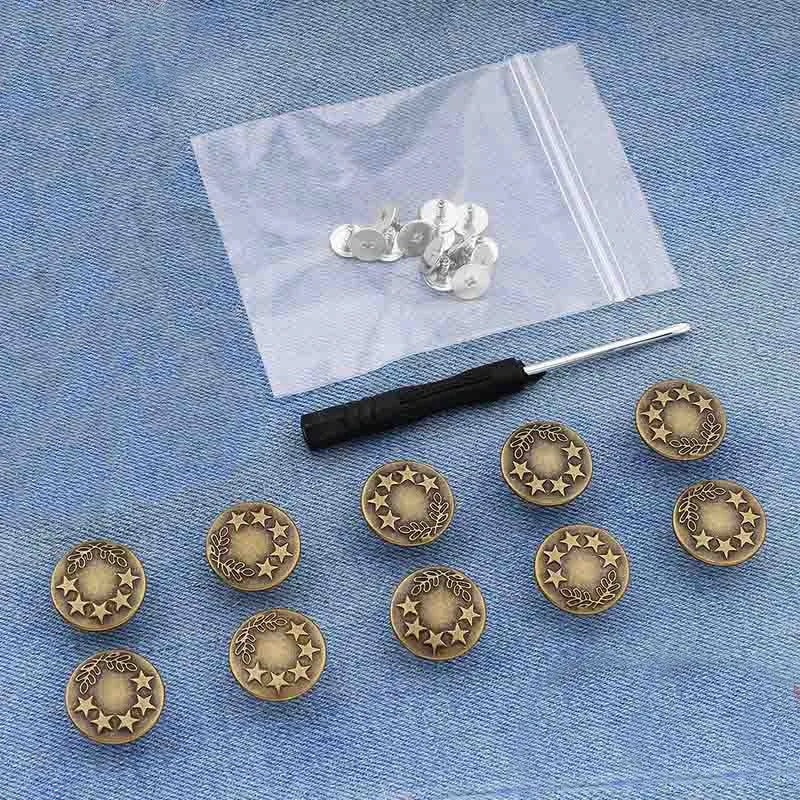 A silver instant no-sew snap button kit is shown on a translucent plastic bag with several buttons inside.