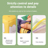 Three panels showing round water chestnuts, built-in sound paper, and fine stitches for a sensory tissue box baby toy.