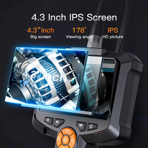 A close-up of a 4.3 inch IPS screen on an inspection camera device displaying a detailed view.