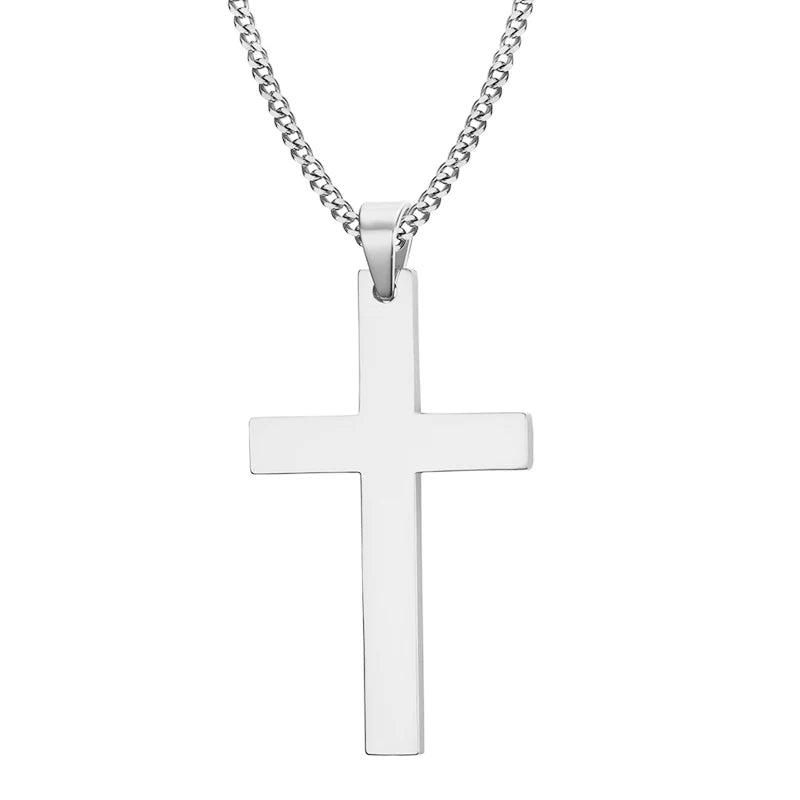 A silver stainless steel cross pendant necklace hanging from a chain.