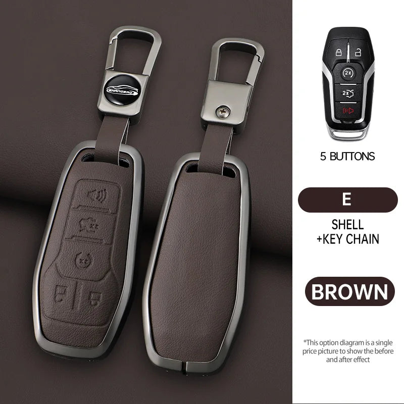 A pair of brown leather key case covers with metal keychains and a black electronic remote control.