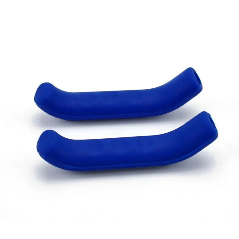A pair of blue silicone bicycle brake lever covers.