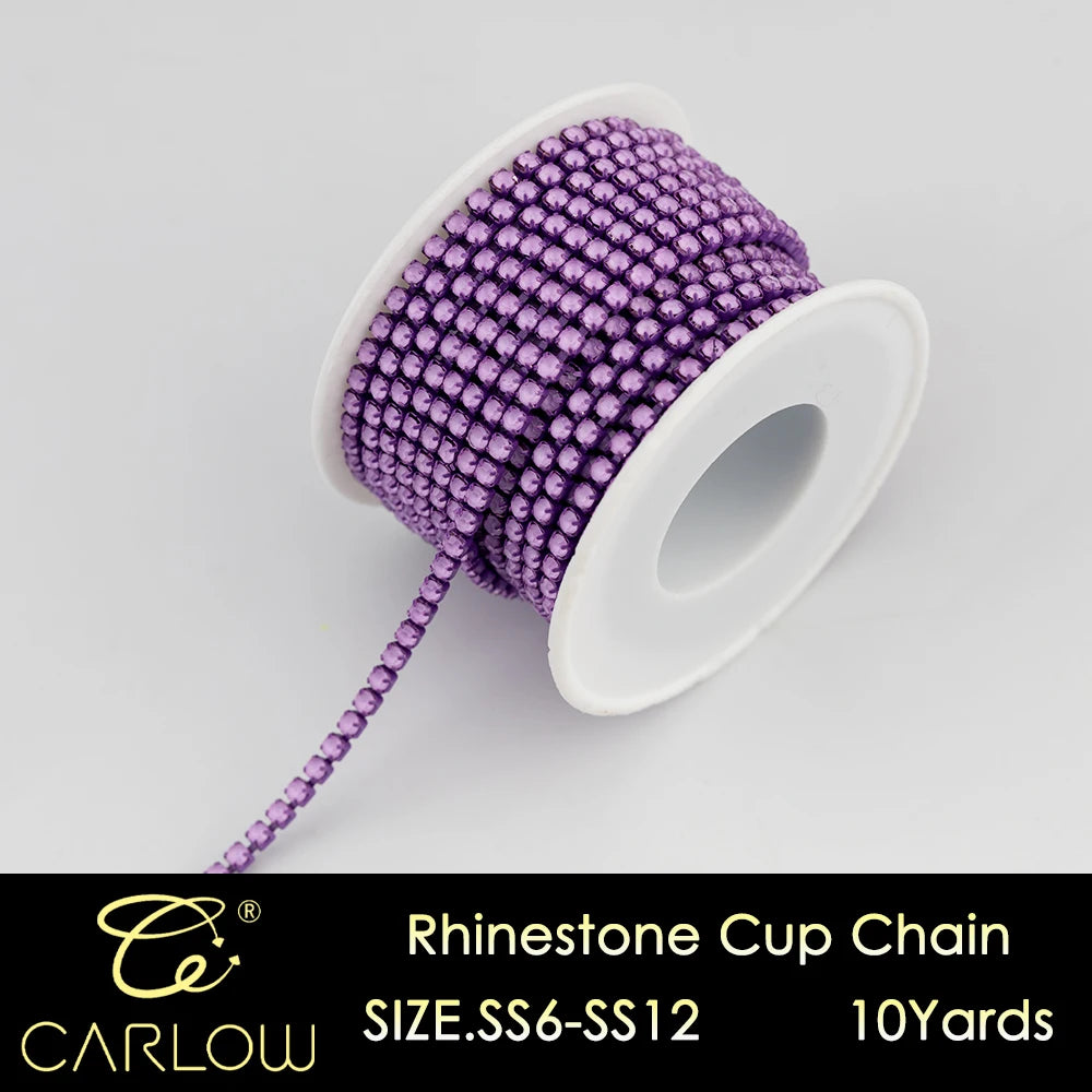 A spool of purple rhinestone cup chain with a white plastic core and a thin tail, labeled as SIZE.SS6-SS12, 10 yards.