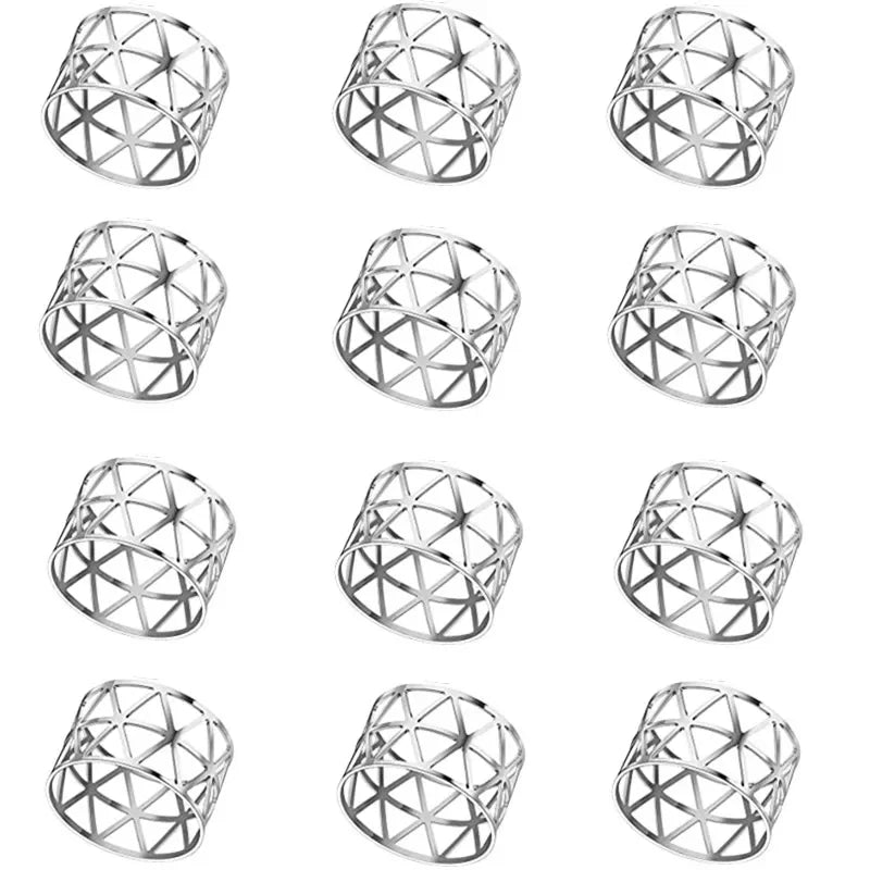 A set of twelve decorative metal napkin rings featuring a geometric hollow-out pattern.