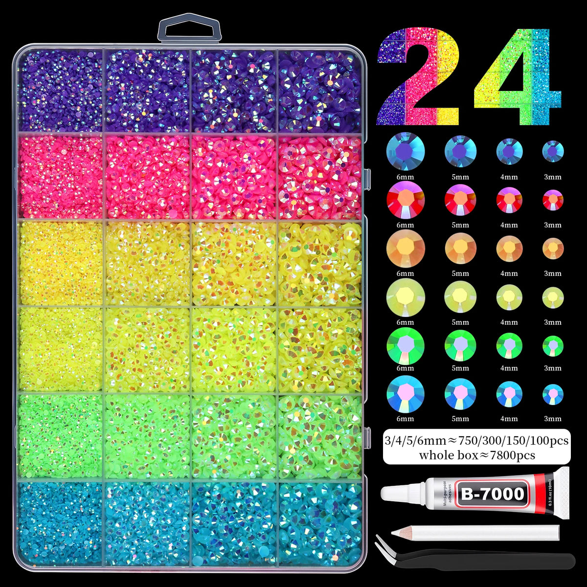 Mixed Color Resin Rhinestone Set with AB Finish – 24/28 Grid Flatback Drills for Crafting & Decoration