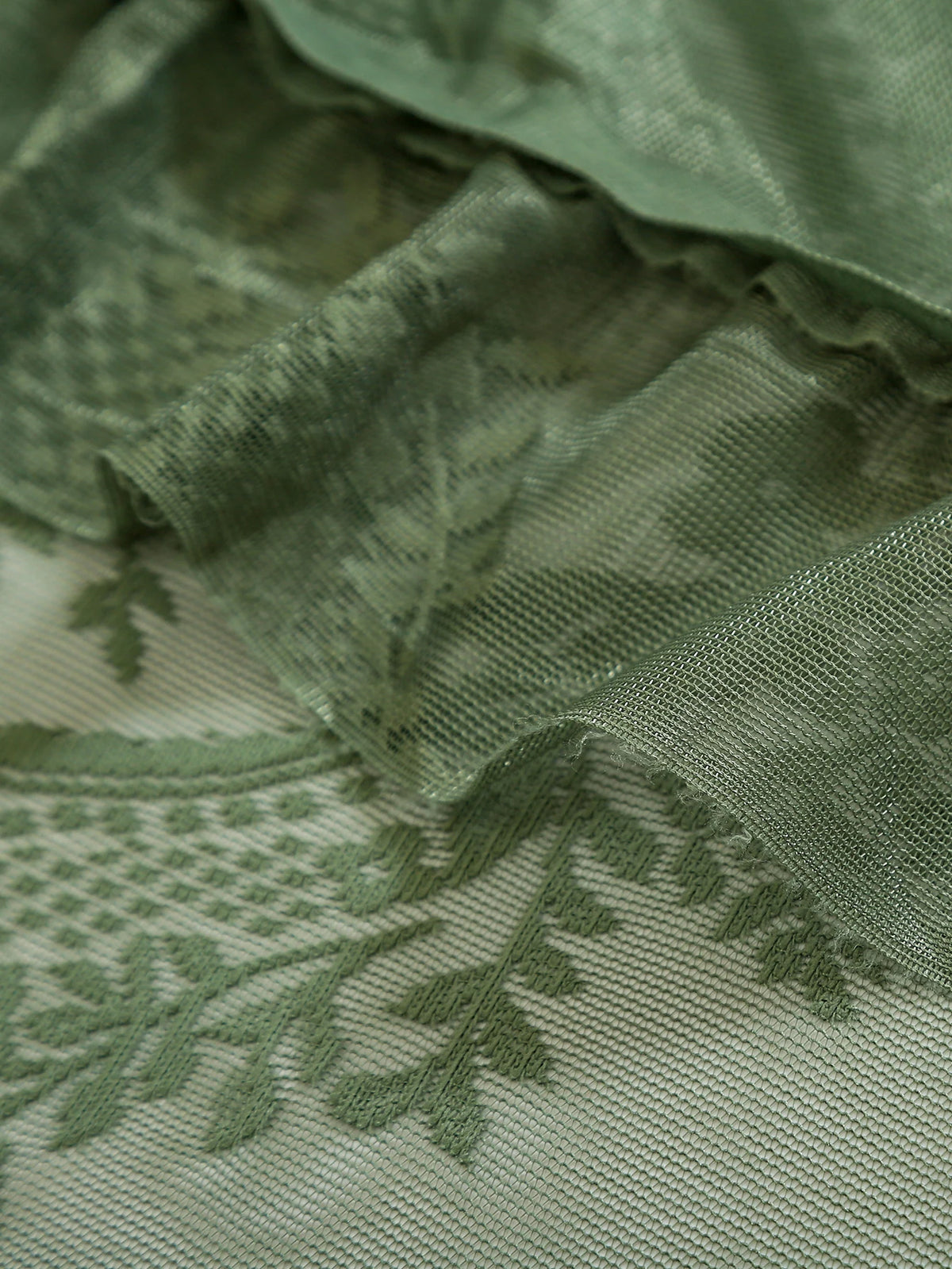 Green Lace Curtains 84 Inches Long, Boho Sheer Florals with Scallop Ruffle