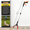 Orange foldable grabber reacher tool with a long handle and swivel clip head shown against a white background.
