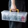 A hand holds a clear plastic multi-compartment storage box filled with various hardware and tools.