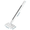 A long, slender flat mop with a handle and a white head, shown at an angle.