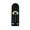 A black silicone teether toy with remote control buttons and shaped gum relief features.