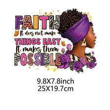 A graphic design featuring the text FAITH It does not make things easy it makes them possible with floral accents and a woman