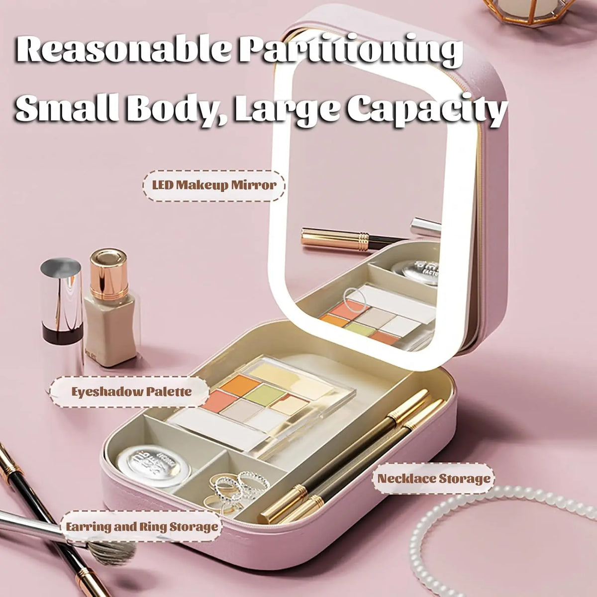 Boîte de maquillage éclairée LED rose avec miroir réglable, pour palettes d'ombres, vernis à ongles et boucles d'oreilles.