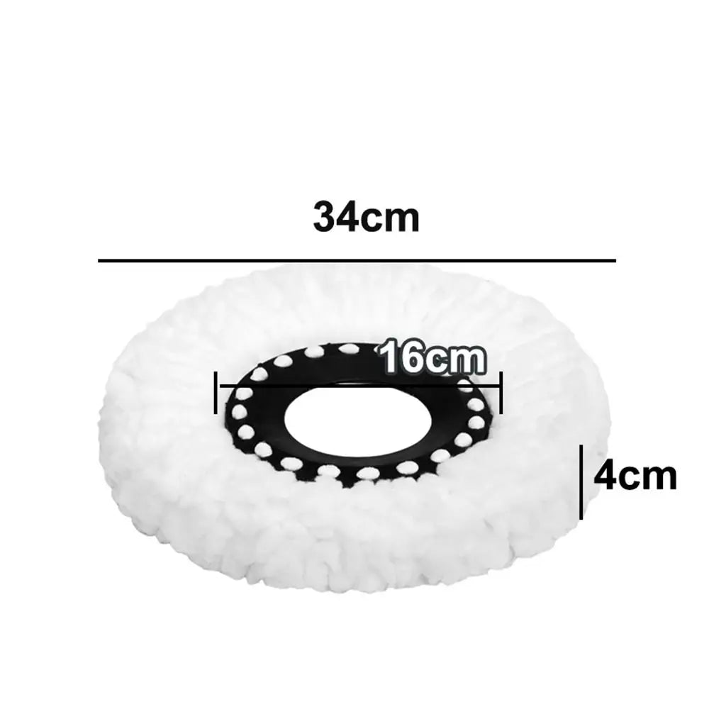 White microfiber spin mop replacement head with black accents, shown with dimensions.