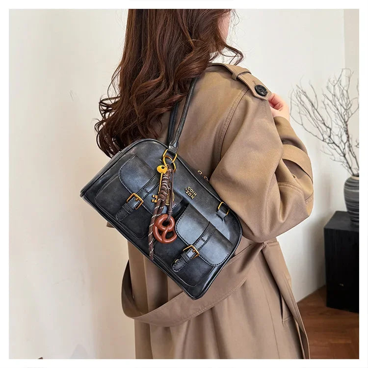 Women's Retro PU Leather Shoulder Bag with Multiple Pockets & Detachable Charm