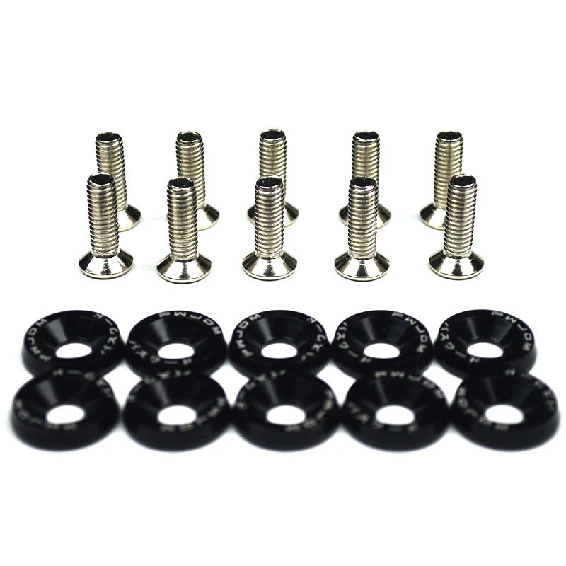 A set of aluminum JDM fender washers and bolts, consisting of several threaded metal components.