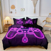 A purple duvet cover featuring a glowing neon outline of a video game controller and keyboard print.