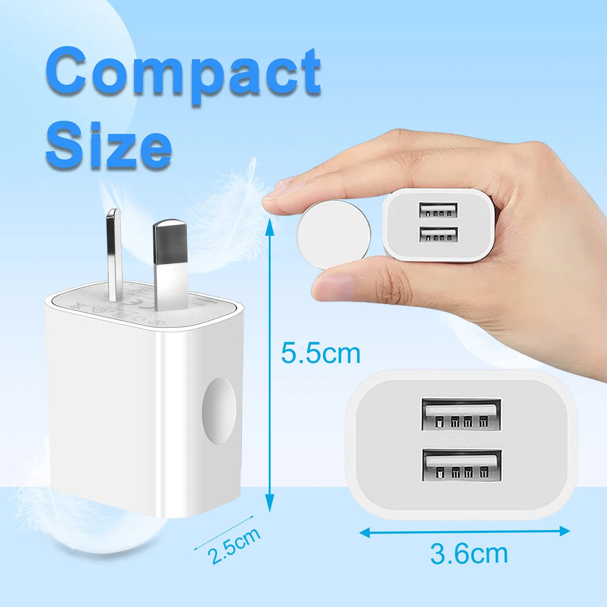 A hand holds a compact white dual-port USB wall charger, showing its size and output ports.