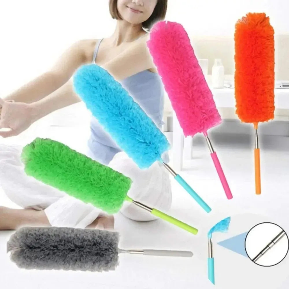 A collection of colorful extendable microfiber dusters with adjustable handles shown next to a person.