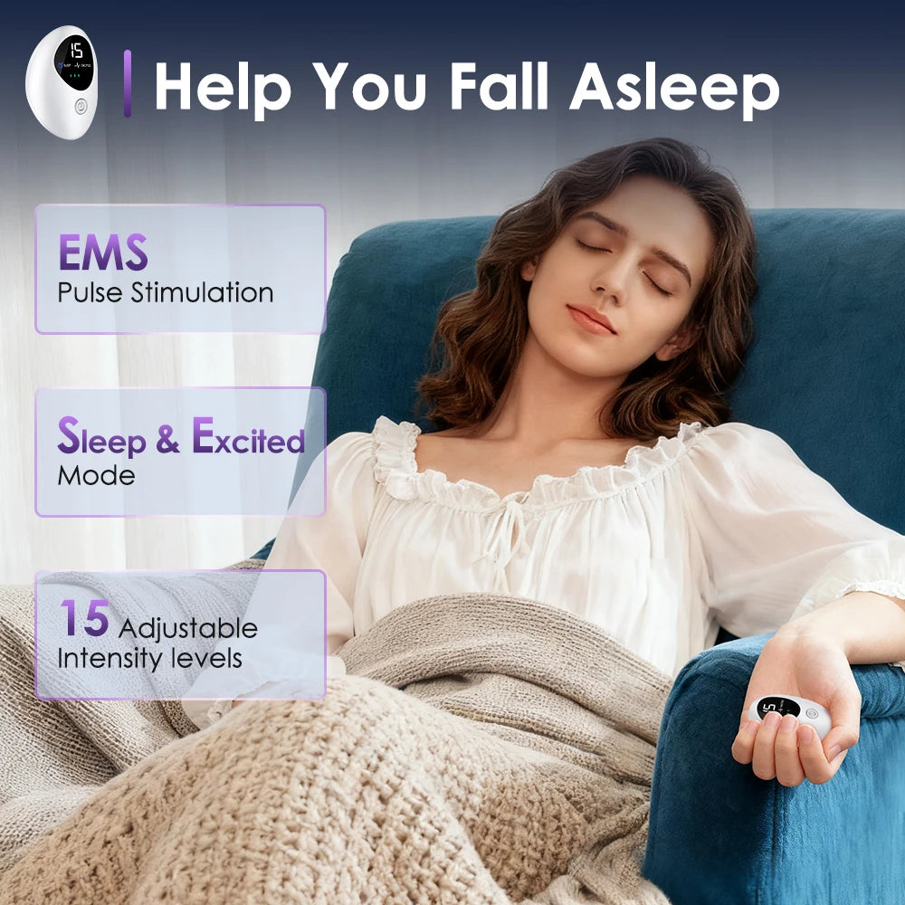 A woman is using a handheld sleep aid device for pulse stimulation while relaxing on a couch.